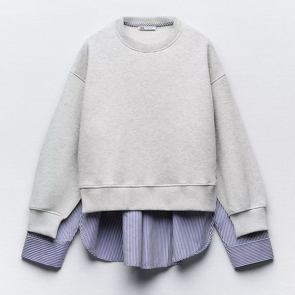Zara Grey Crewneck & Blue striped shirt Duo Top size Small